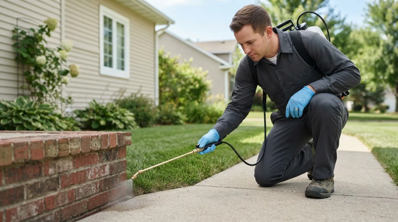 Pest control technician treating a home near Springville, AL